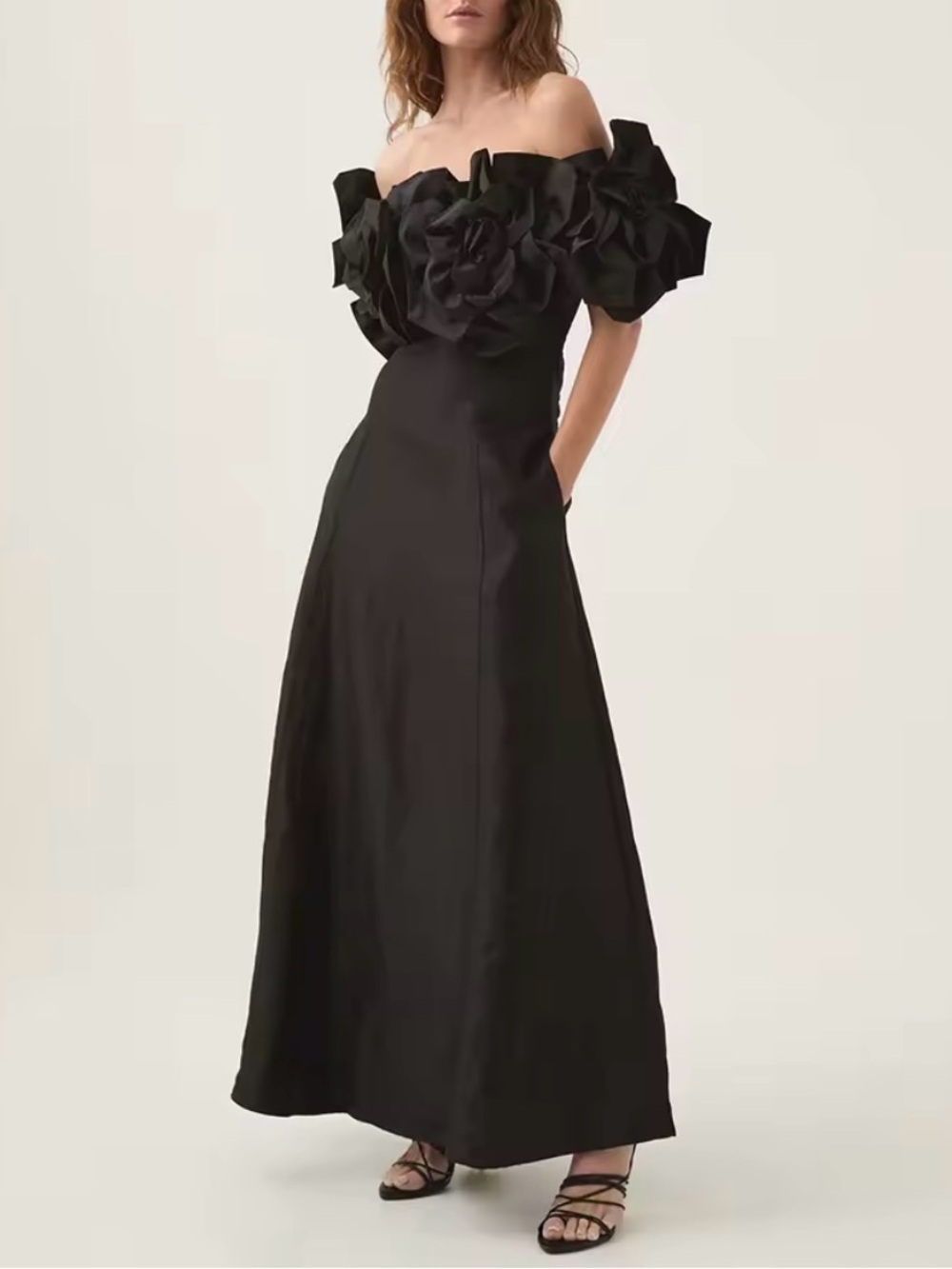 Off-Shoulder Black Floral Applique Evening Dress